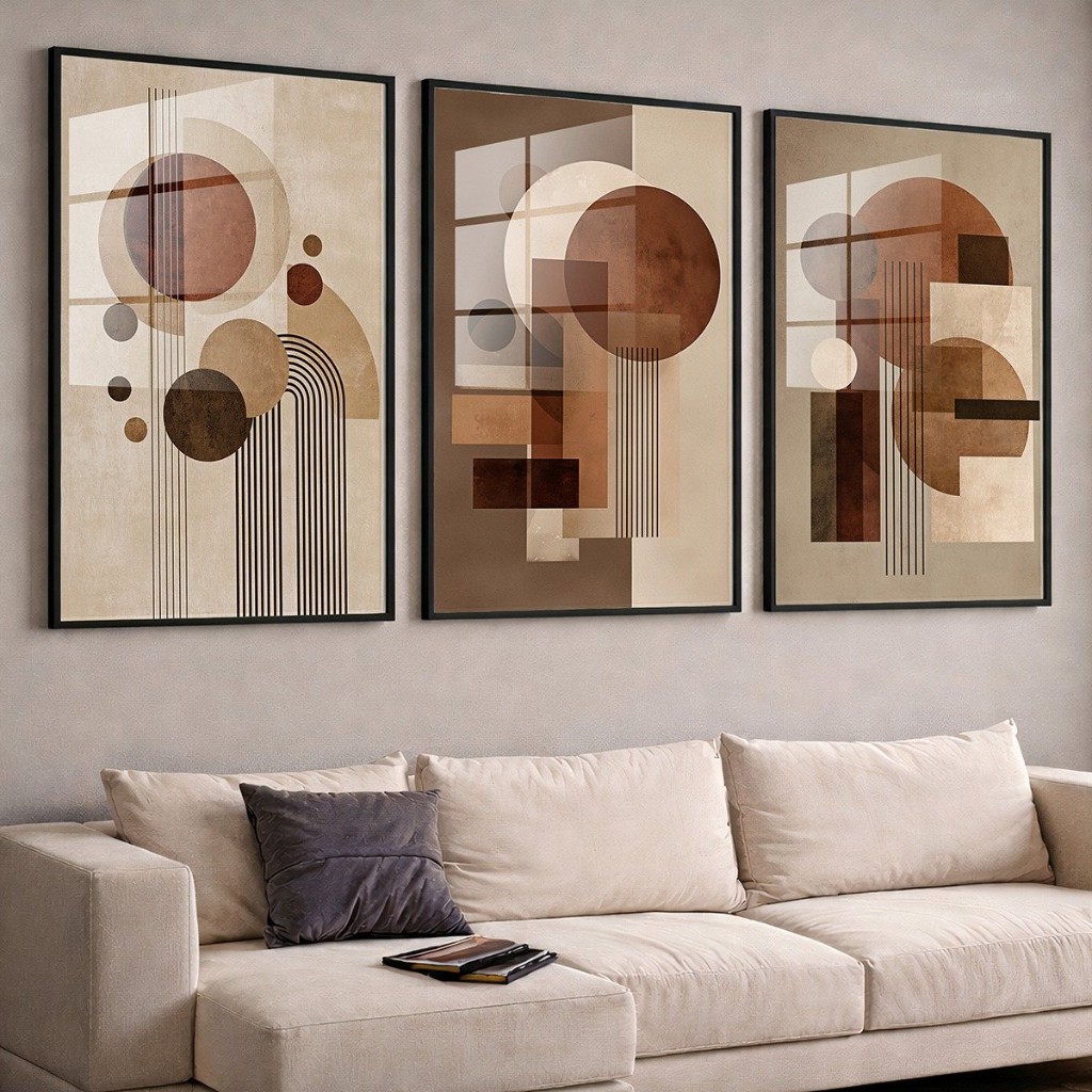 Trio de quadros abstratos em tons terrosos com moldura preta