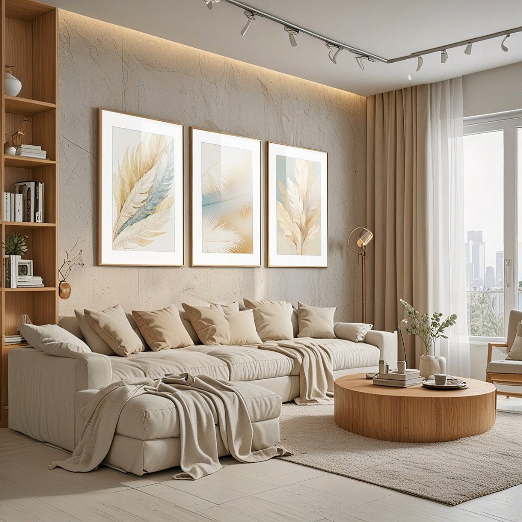 Trio de quadros decorativos em sala ampla e clara