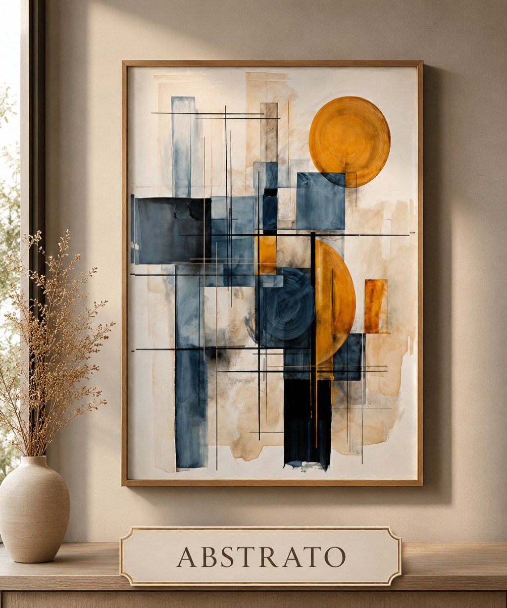 Quadro abstrato emoldurado em ambiente elegante e minimalista