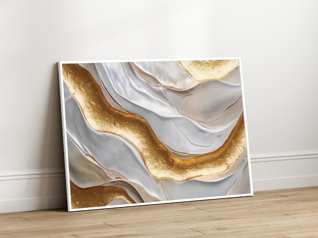 Quadro abstrato horizontal em branco e dourado apoiado no ch&atilde;o