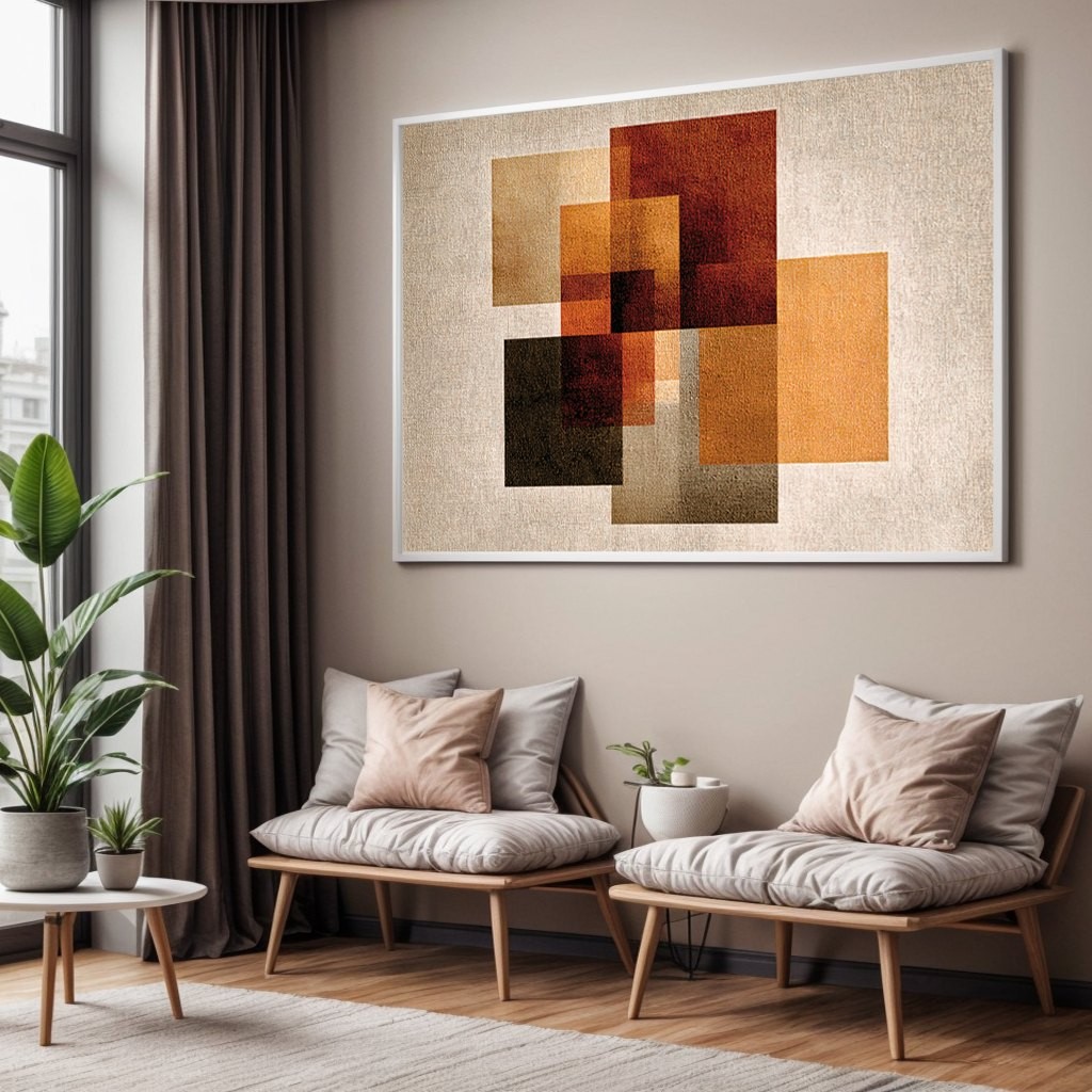 Sala de estar com quadro abstrato em tons terrosos e neutros