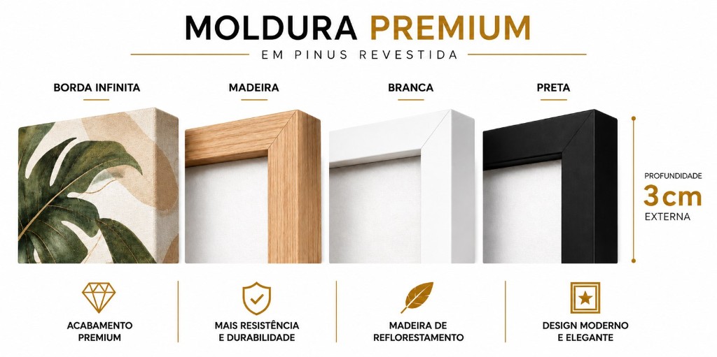 Compara&ccedil;&atilde;o de moldura madeira, branca, preta e borda infinita