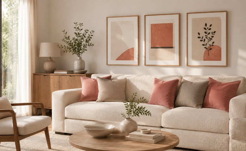 Sala escandinava com almofadas de veludo terracota e quadros modernos