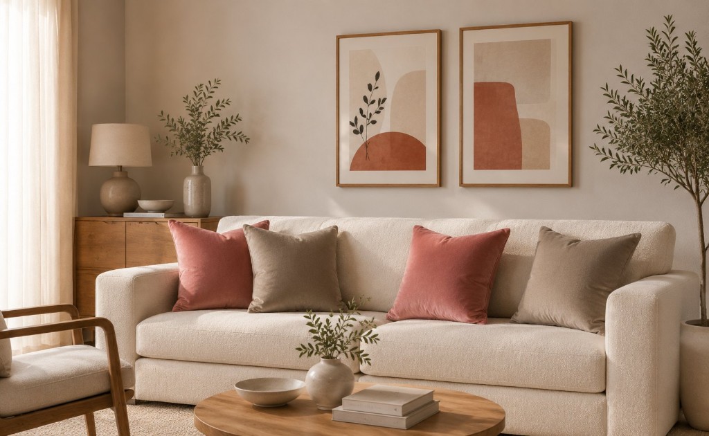 Sala neutra com almofadas claras de linho e quadros em tons terrosos