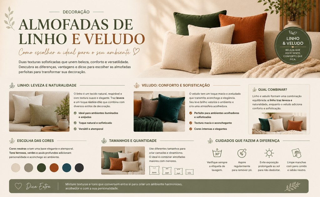 Guia de almofadas de linho e veludo em sala elegante