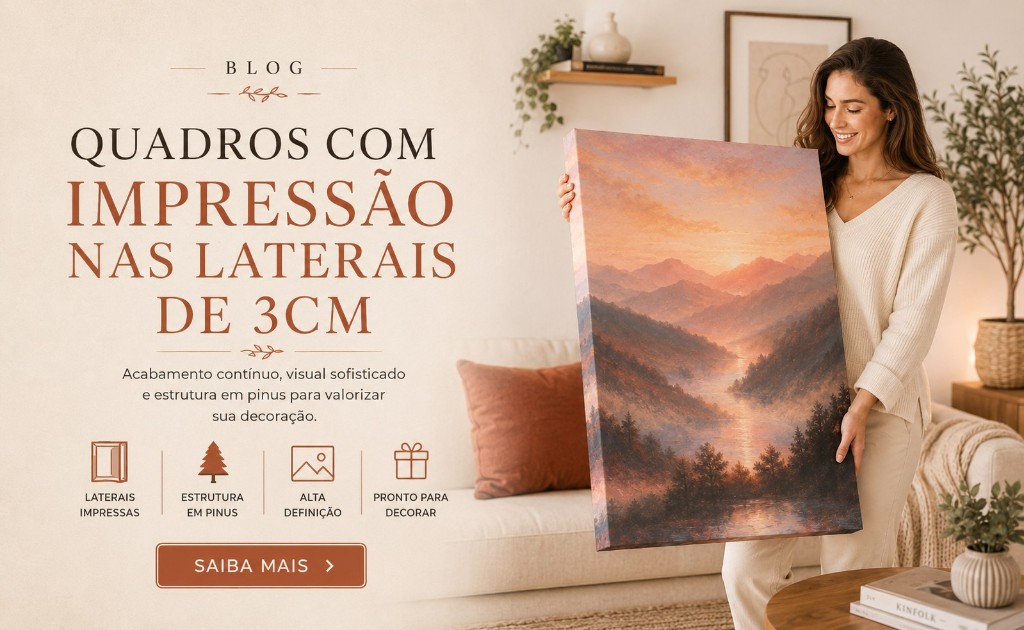 Quadro decorativo com impress&atilde;o nas laterais de 3cm em ambiente elegante