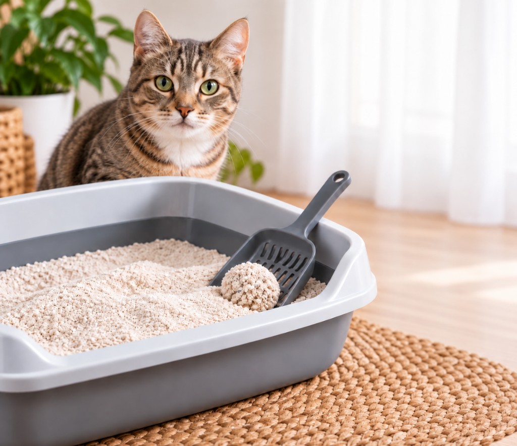 En la imagen se ve un gato junto a una bandeja con diatomea