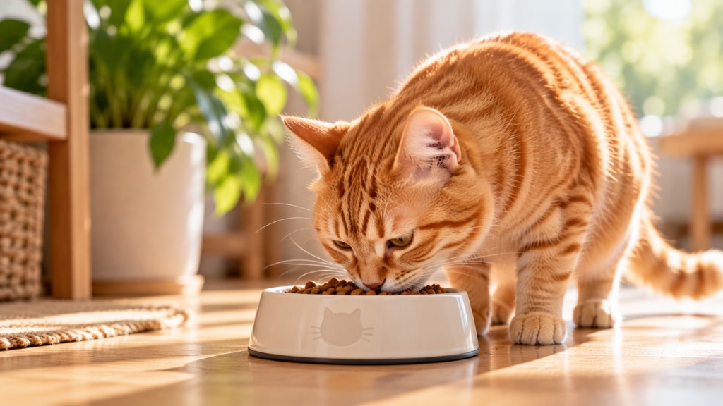 En la imagen se ve un gato naranja comiendo alimento