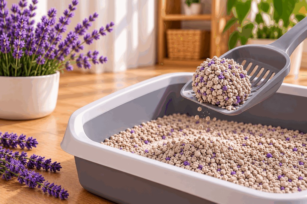 En la imagen se ve una caja sanitaria con arena aroma lavanda