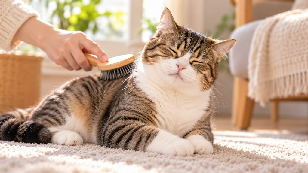 Gato atigrado recibiendo un cepillado suave para eliminar pelo muerto y cuidar su pelaje.