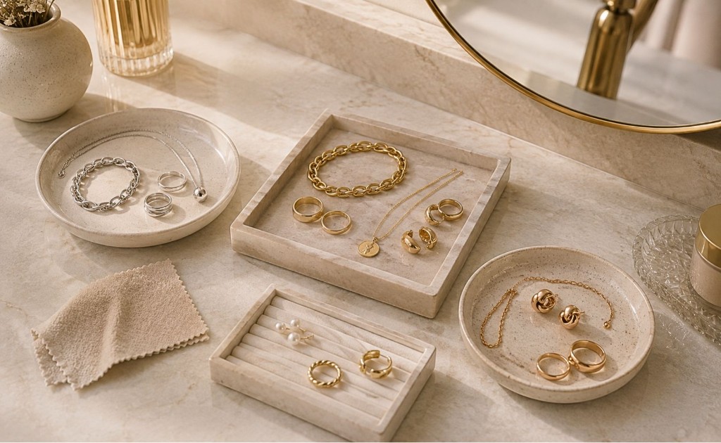 Joias organizadas por tipo de  materiais: prata 925, a&ccedil;o inoxid&aacute;vel, ouro e semijoias.