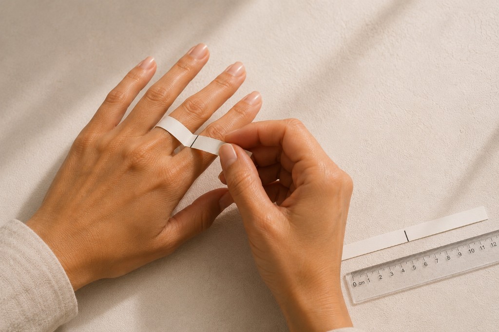 Medindo o tamanho do dedo com uma fita de papel para descobrir o tamanho do anel
