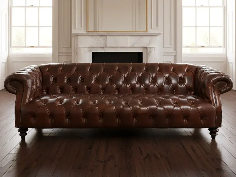 Sofá Royal Chesterfield em couro marrom numa sala clássica
