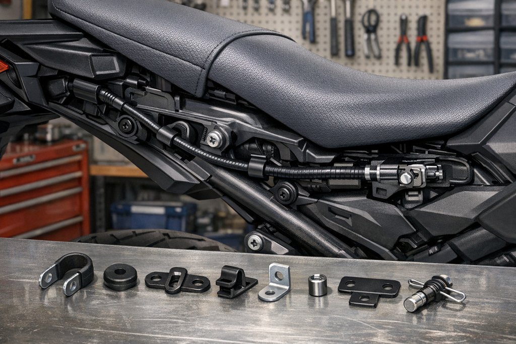 Ilustração: Cabo da trava do banco da Yamaha MT-03: como organizar o pedido da peça e dos suportes sem errar