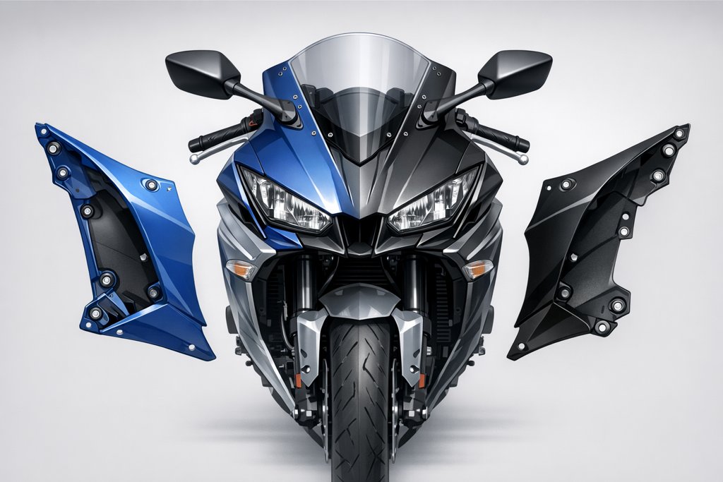 Ilustração: Acabamento do duto de ar da Kawasaki ZX10R: como identificar a peça visual correta e confirmar a aplicação com a loja
