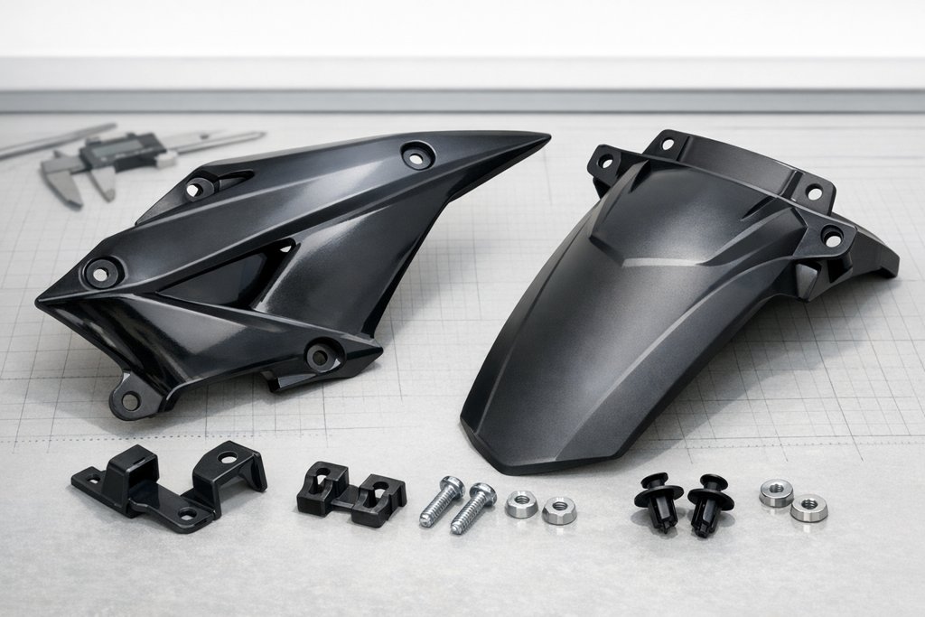 Ilustração: Acabamentos e para-lama traseiro da Yamaha MT-03 2019 usados: como identificar as peças visuais corretas e evitar erros no pedido