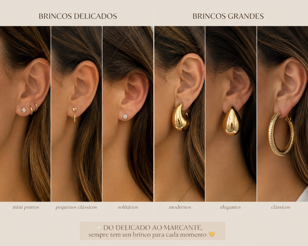 Comparação entre brincos delicados e brincos grandes em diferentes estilos.