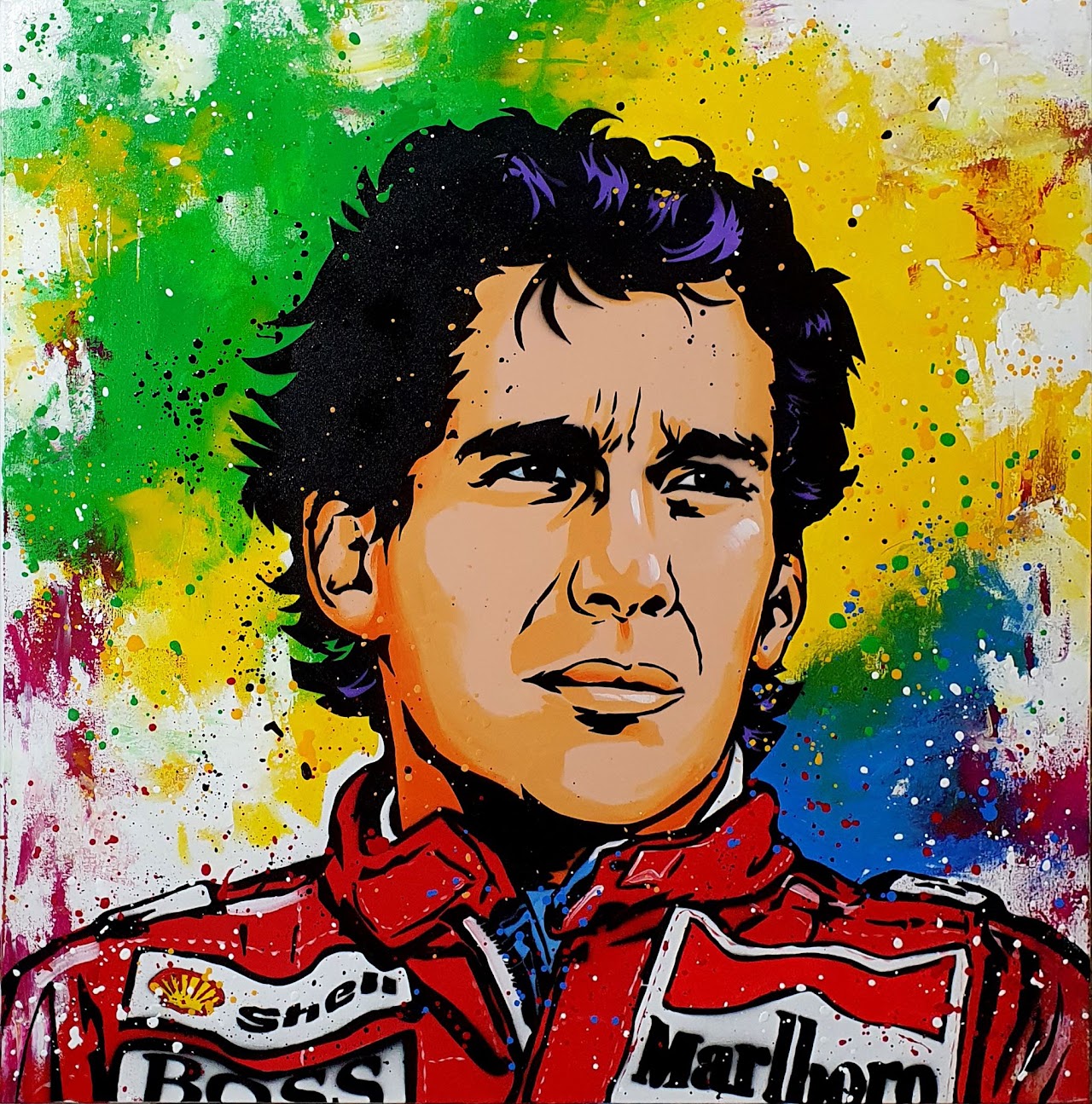 Painel pop art de Ayrton Senna, técnica mista sobre tela