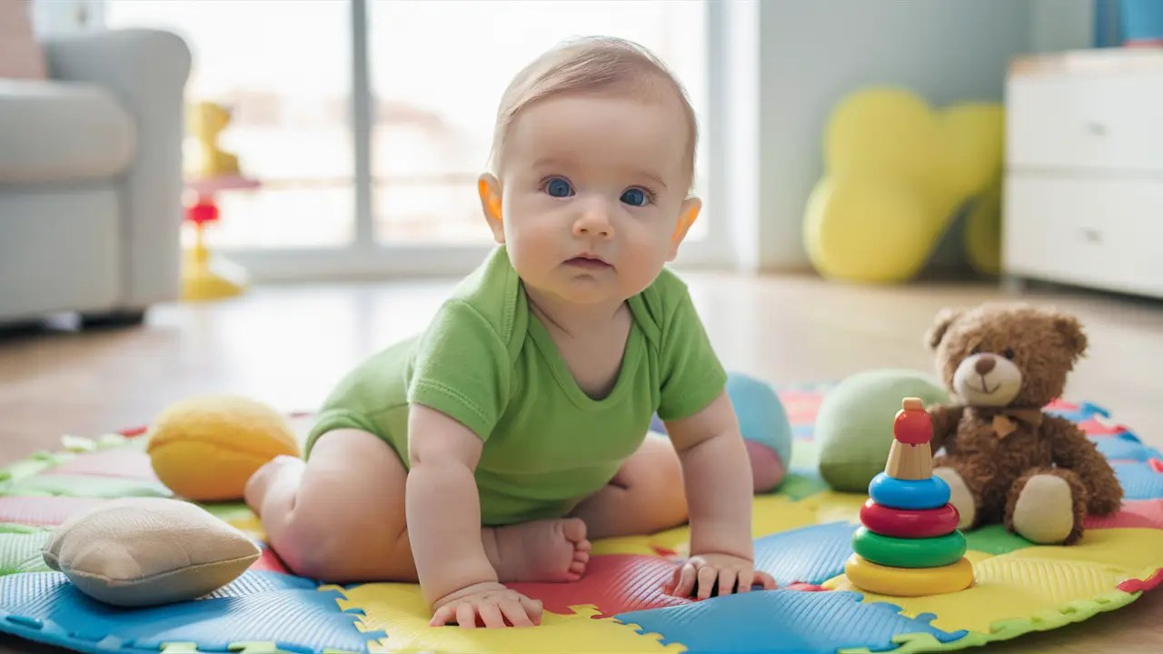 Bebê curioso em macacão verde sentado em tapete colorido cercado por brinquedos macios e janela ao fundo.