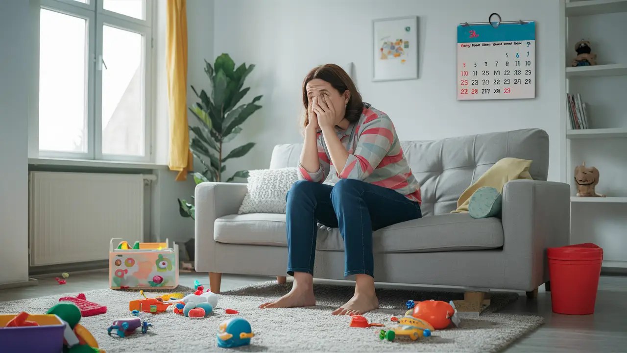 Pai preocupado em sala de estar iluminada, com brinquedos de bebê no chão e olhando para calendário na parede.