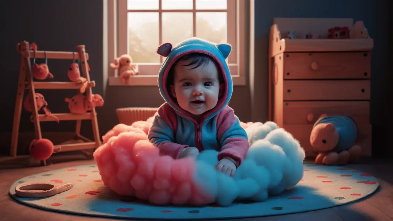 Bebê engatinhando em tapete colorido cercado por brinquedos de madeira em quarto iluminado.