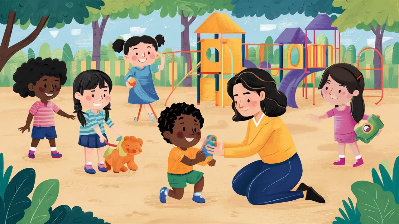 Crianças brincando pacificamente em um parquinho, acompanhadas por uma professora que orienta gentilmente uma criança.