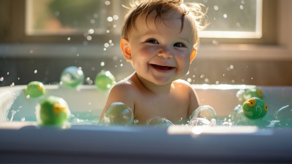 bebê tomando banho na banheira