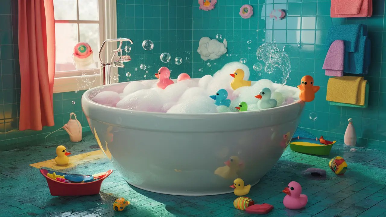 Banheira grande com patos de borracha e brinquedos de banho coloridos em água borbulhante.