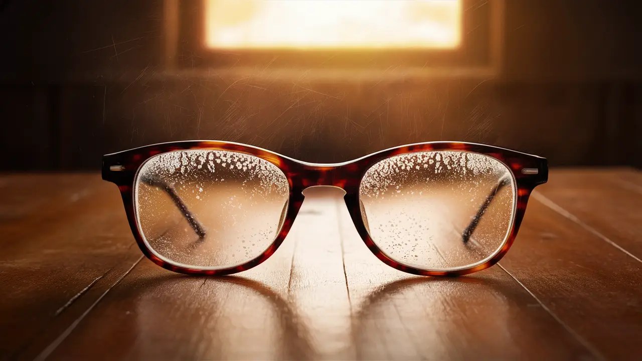 Óculos sobre mesa com lentes embaçadas, destacando o efeito de condensação sob luz quente.