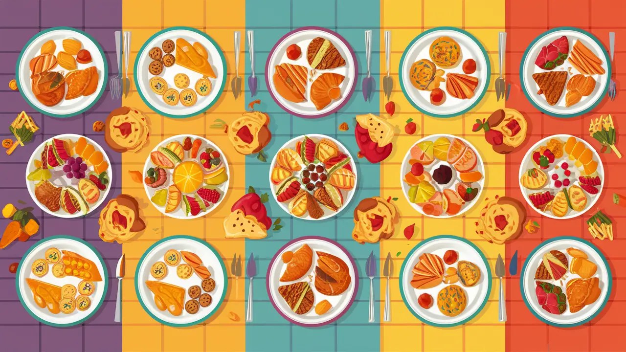 Dez pratos pequenos com lanches coloridos e saborosos em uma mesa de cozinha.