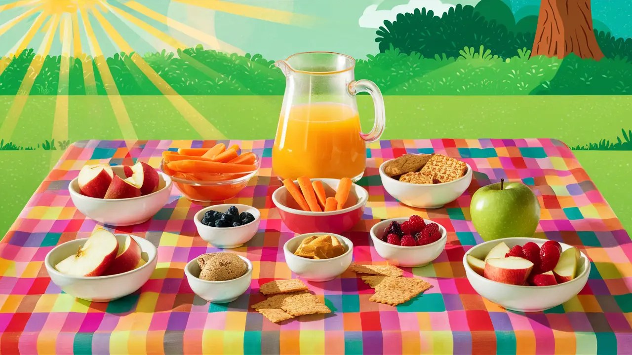 Lancheira colorida com fatias de maçã, cenouras, frutas vermelhas e suco de laranja em mesa de piquenique.