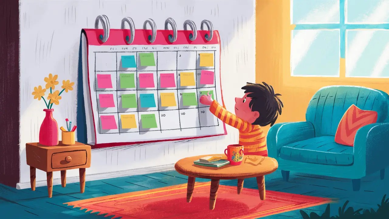 Criança colocando nota adesiva verde em um calendário de parede com notas coloridas.