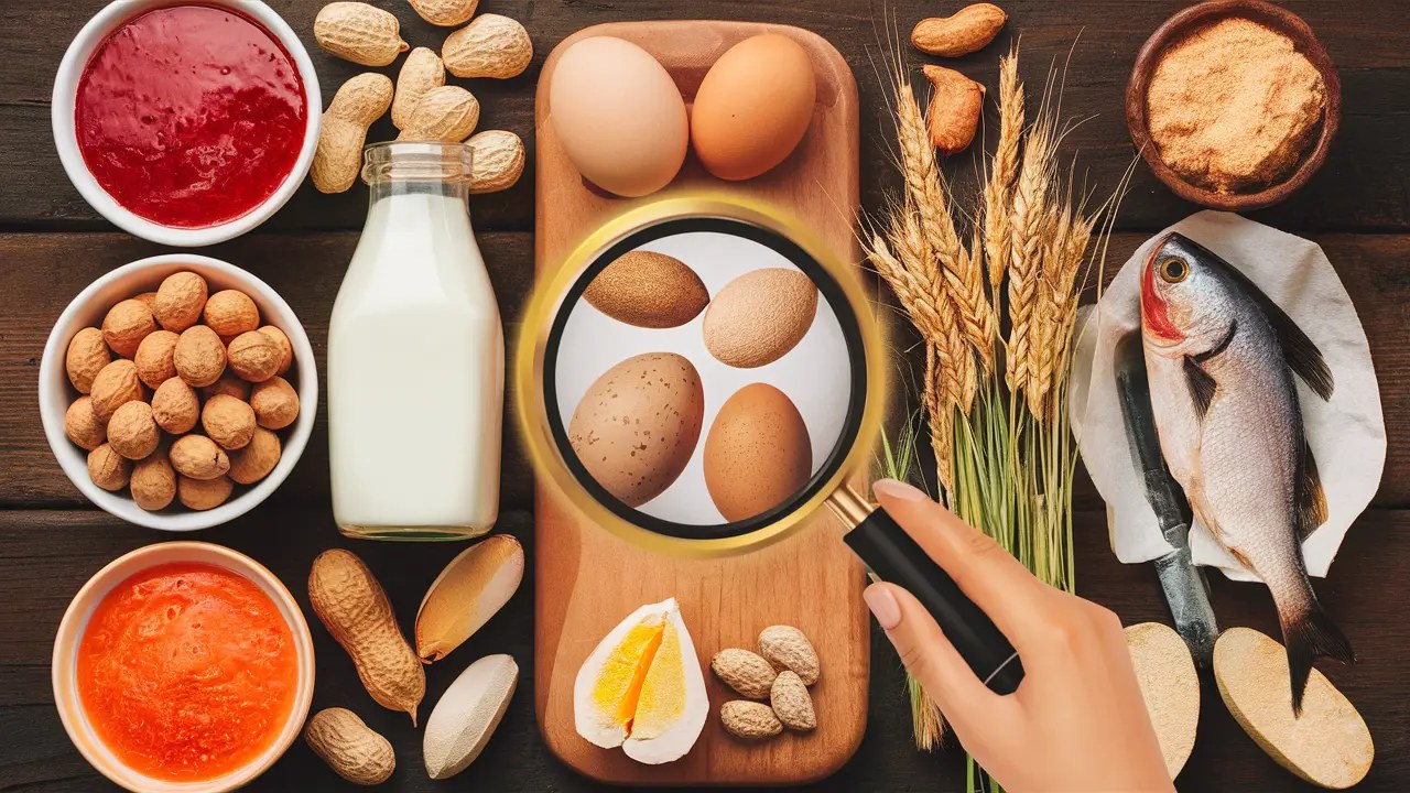 Vários alimentos comuns incluindo amendoins, leite, ovos, trigo e peixe em uma mesa, com lupa destacando alérgenos.