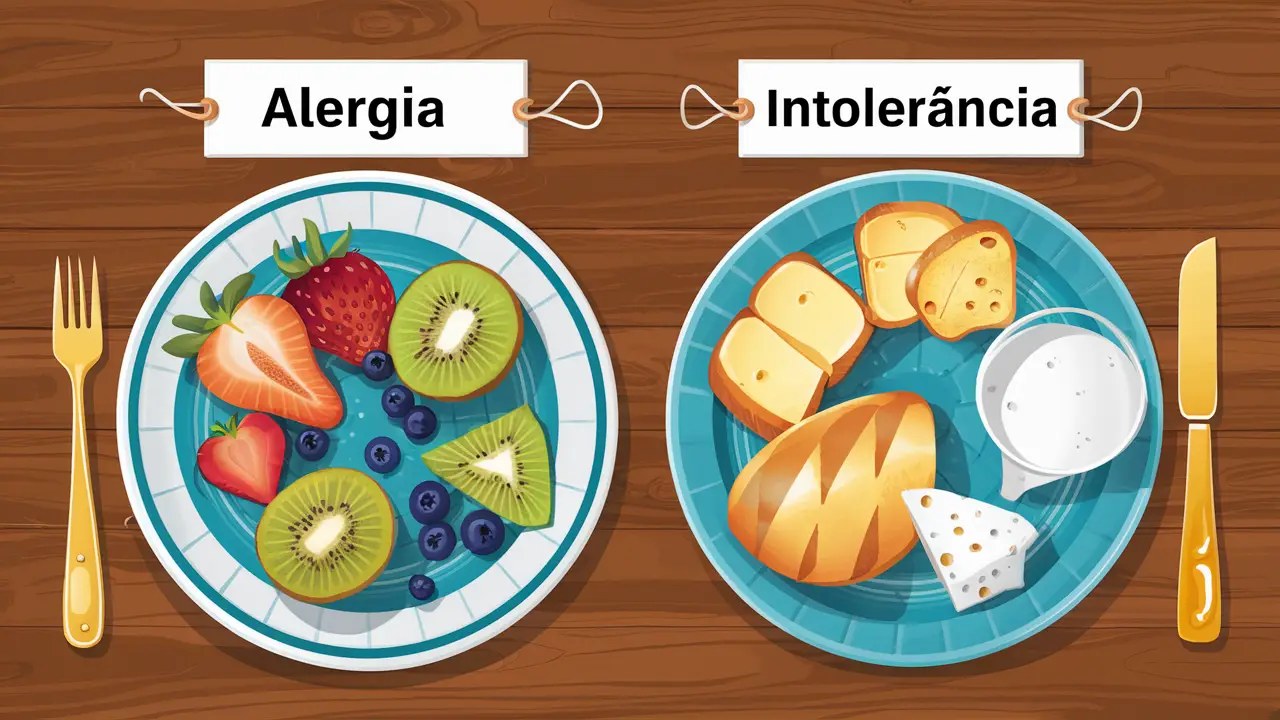 Dois pratos em uma mesa, um com frutas e outro com laticínios, rotulados como 'alergia' e 'intolerância'.