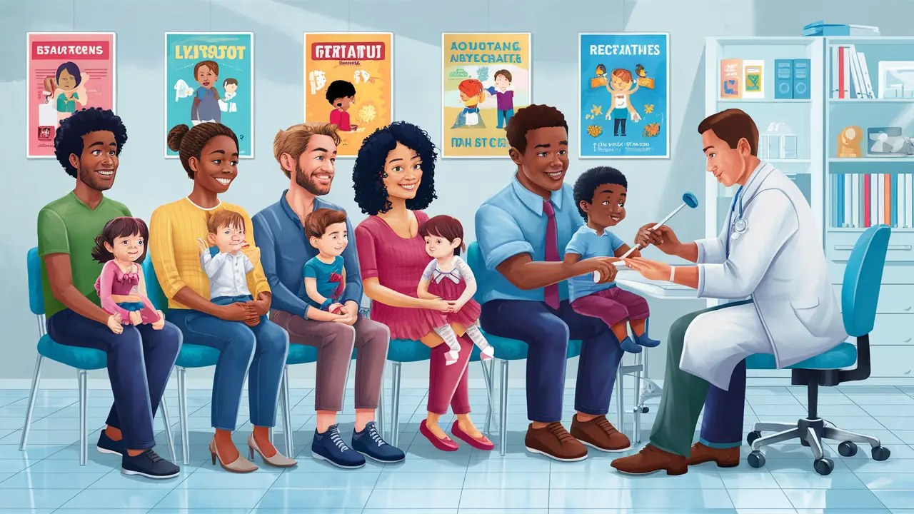 Pais e crianças em um consultório médico com pediatra examinando uma criança e pôsteres educativos nas paredes.
