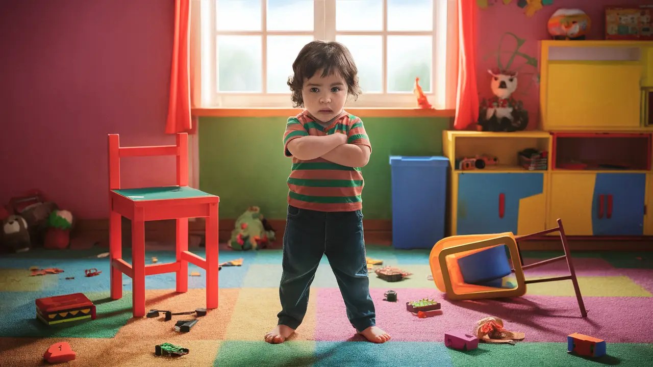 Criança pequena de braços cruzados em uma sala de brinquedos colorida, com brinquedos espalhados e uma cadeira pequena virada.