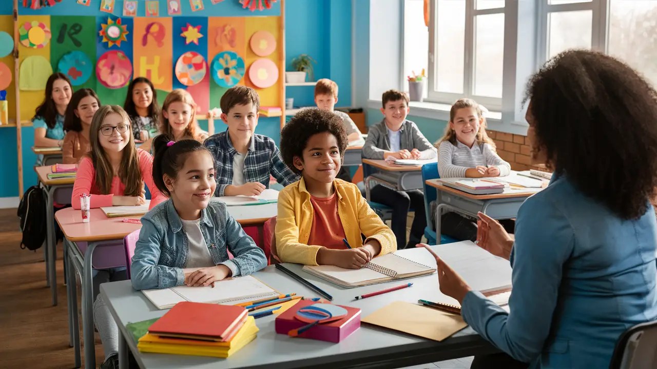 Alunos em sala de aula ouvindo o professor com decoração colorida de volta às aulas nas paredes.