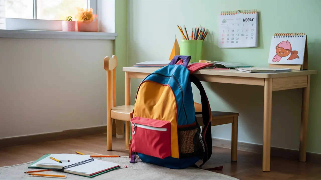 Quarto infantil organizado com mochila colorida, cadernos abertos, lápis, calendário na parede e luz do dia entrando pela janela.
