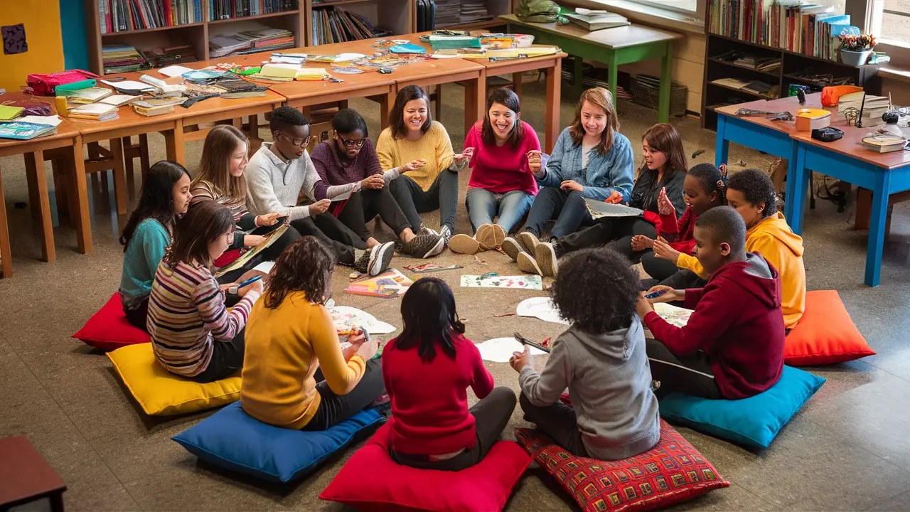 Estudantes diversos sentados em círculo em almofadas coloridas, participando de uma atividade em grupo na sala de aula.