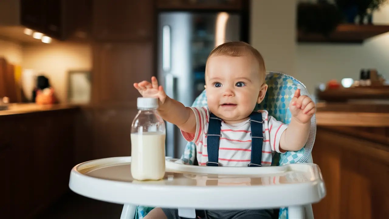 Bebê sentado em cadeira alta empurrando mamadeira com a mão em cozinha iluminada com armários de madeira.