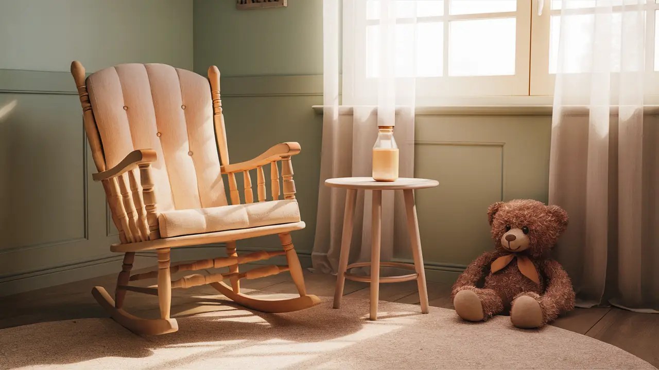Quarto infantil aconchegante com cadeira de balanço, mamadeira na mesa e cortinas brancas na janela iluminada pelo sol.