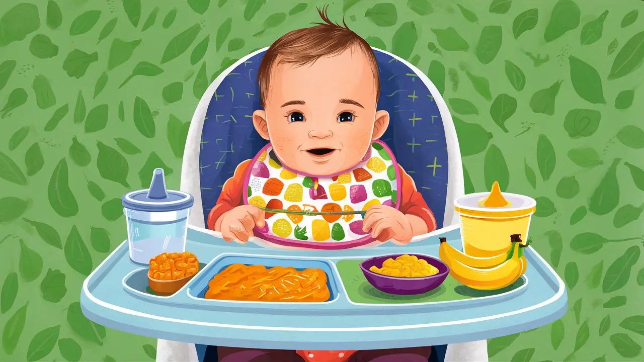 Bebê em cadeirão com babador colorido cercado por alimentos nutritivos, como purê de cenoura e banana.
