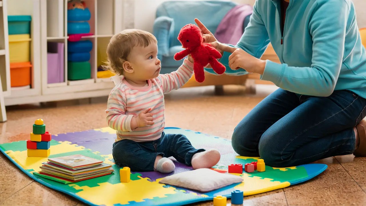 Criança pequena em tapete colorido com brinquedos macios e livros, ao lado de adulto segurando brinquedo de pelúcia vermelho.