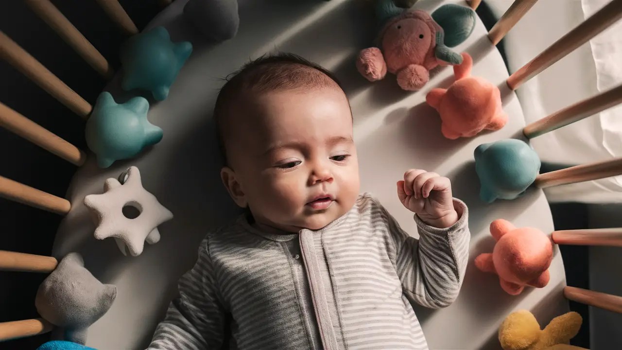 Bebê tranquilo em berço com brinquedos de dentição coloridos e luz suave da janela.