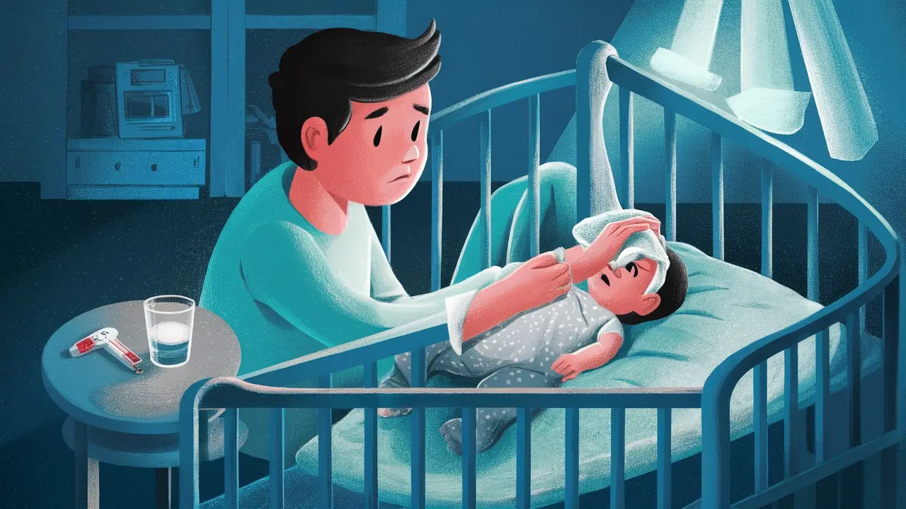 Cuidados com bebê com febre, mãe aplicando compressa fria na testa enquanto bebê está deitado no berço.