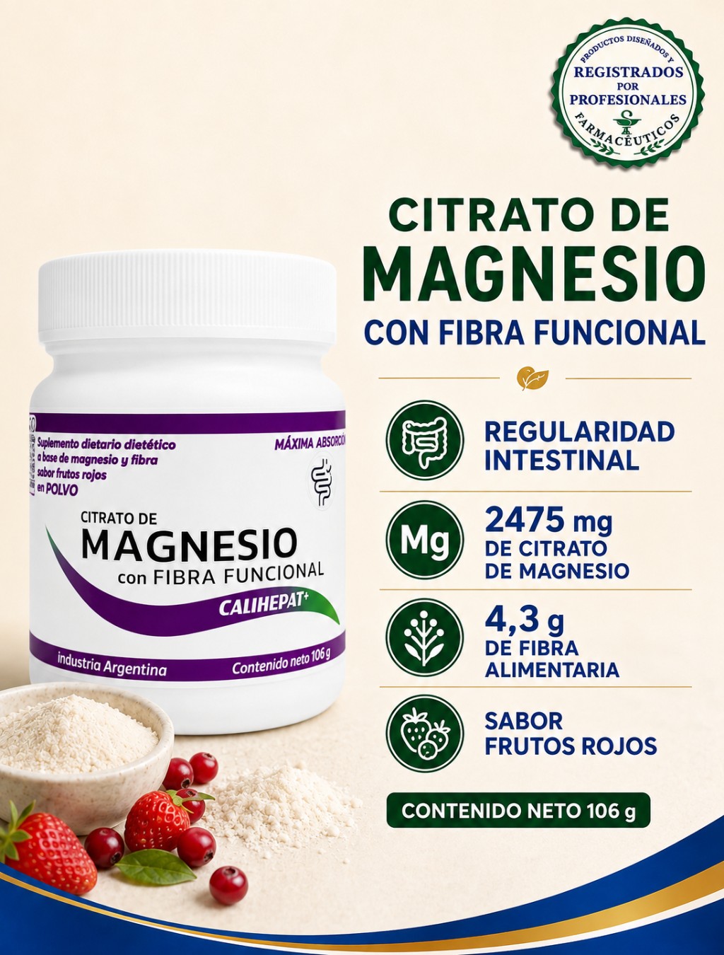 Citrato de magnesio con fibra funcional Calihepat+ para acompañar la regularidad intestinal.