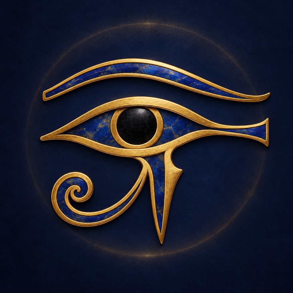 Ilustração do Olho de Hórus em dourado e azul, com as marcas características do olho de falcão.