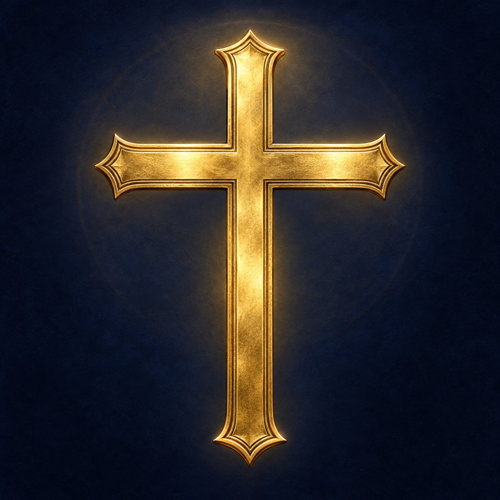 Ilustração de uma cruz cristã latina dourada, com braço vertical inferior alongado, sobre fundo azul profundo.