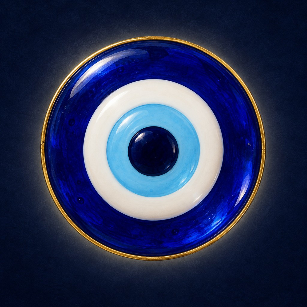 Ilustração de um Olho Turco de vidro, com círculos concêntricos azul-escuro, branco, azul-claro e centro escuro.