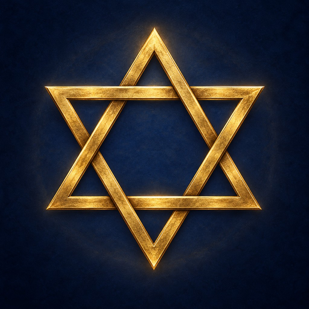 Ilustração do Selo de Salomão na forma de hexagrama, composto por dois triângulos dourados sobrepostos.